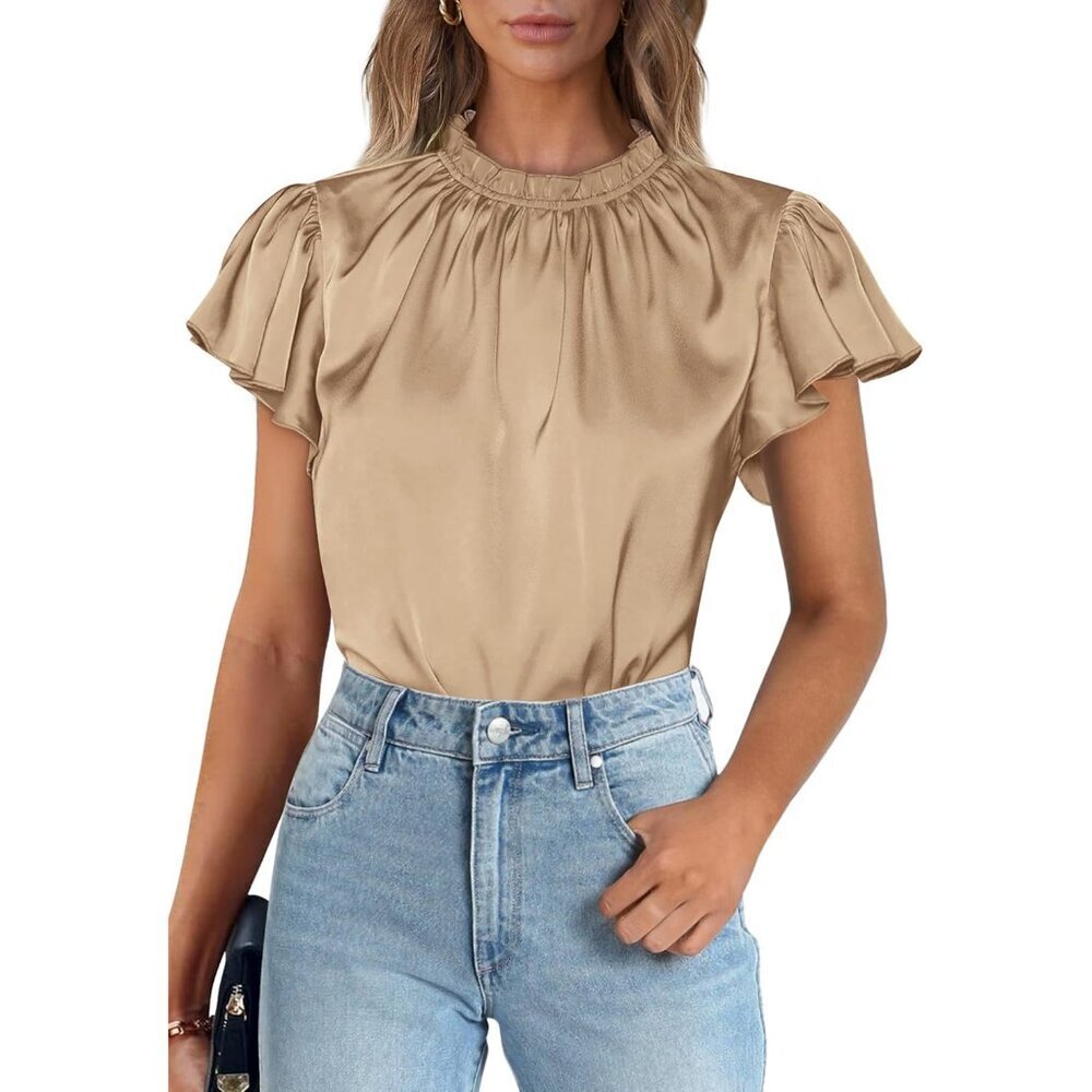 Women Business Casual Satin Blouse Short Sleeve Ruffle Office Top